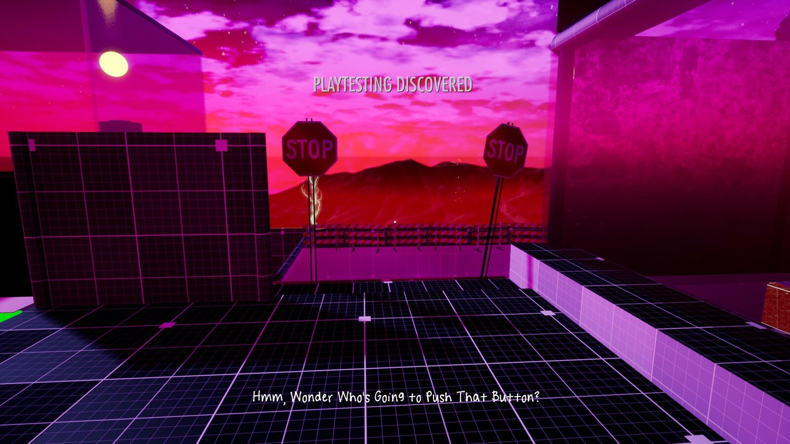 It is revealed that this is the Playtesting area as the player moves past the mystery glass.