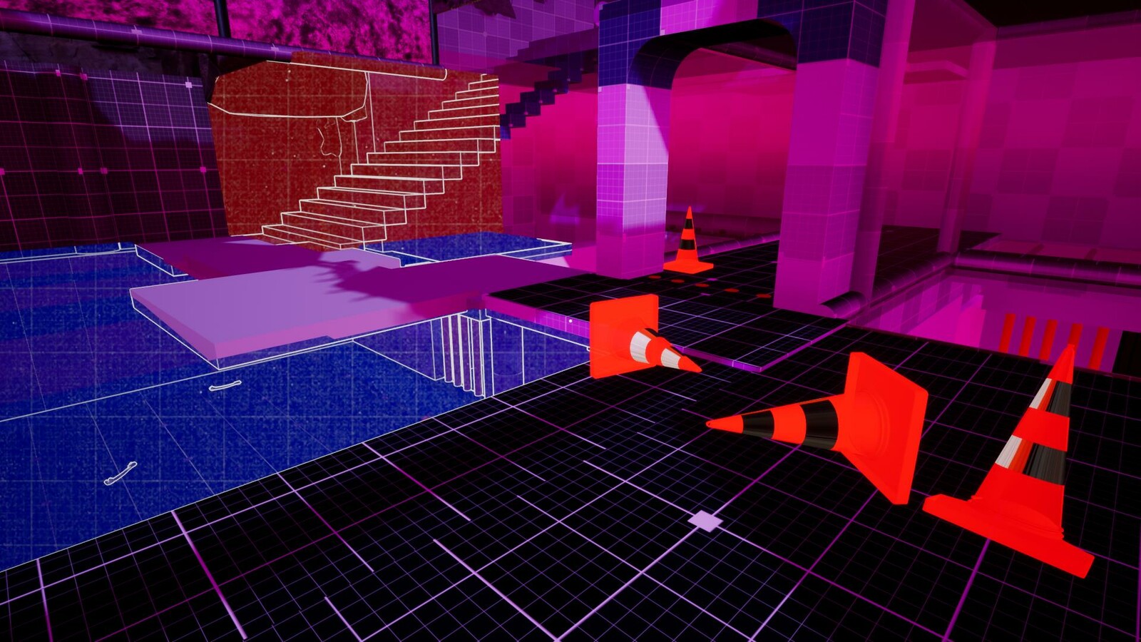 The player has assembled a "level" for the AI to traverse up the stairs. This area is not very challenging and more of a comic relief for an otherwise "punishing" game.