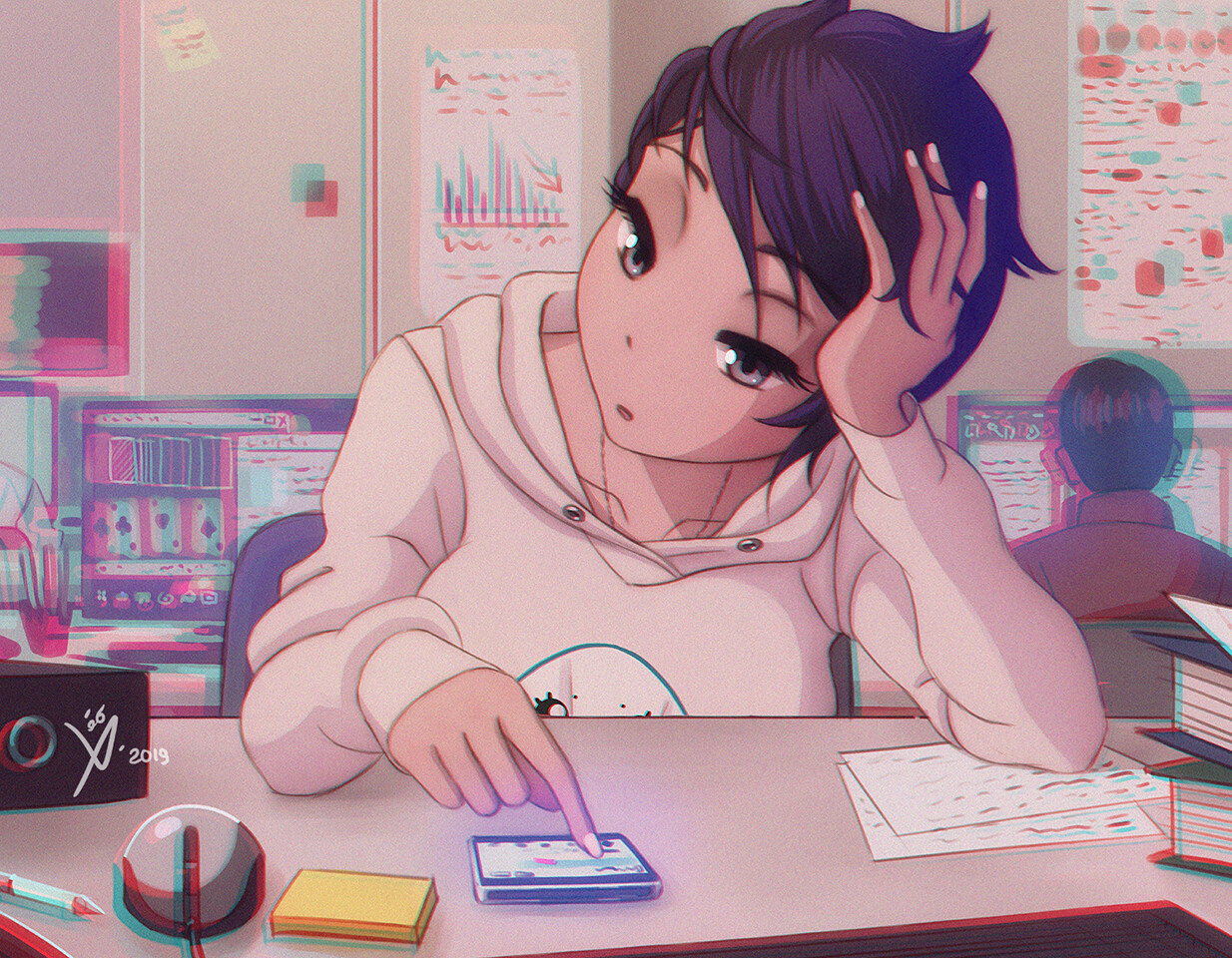 Anime girl working at her desk. Cute drawing of a young woman sitting at  her computer.