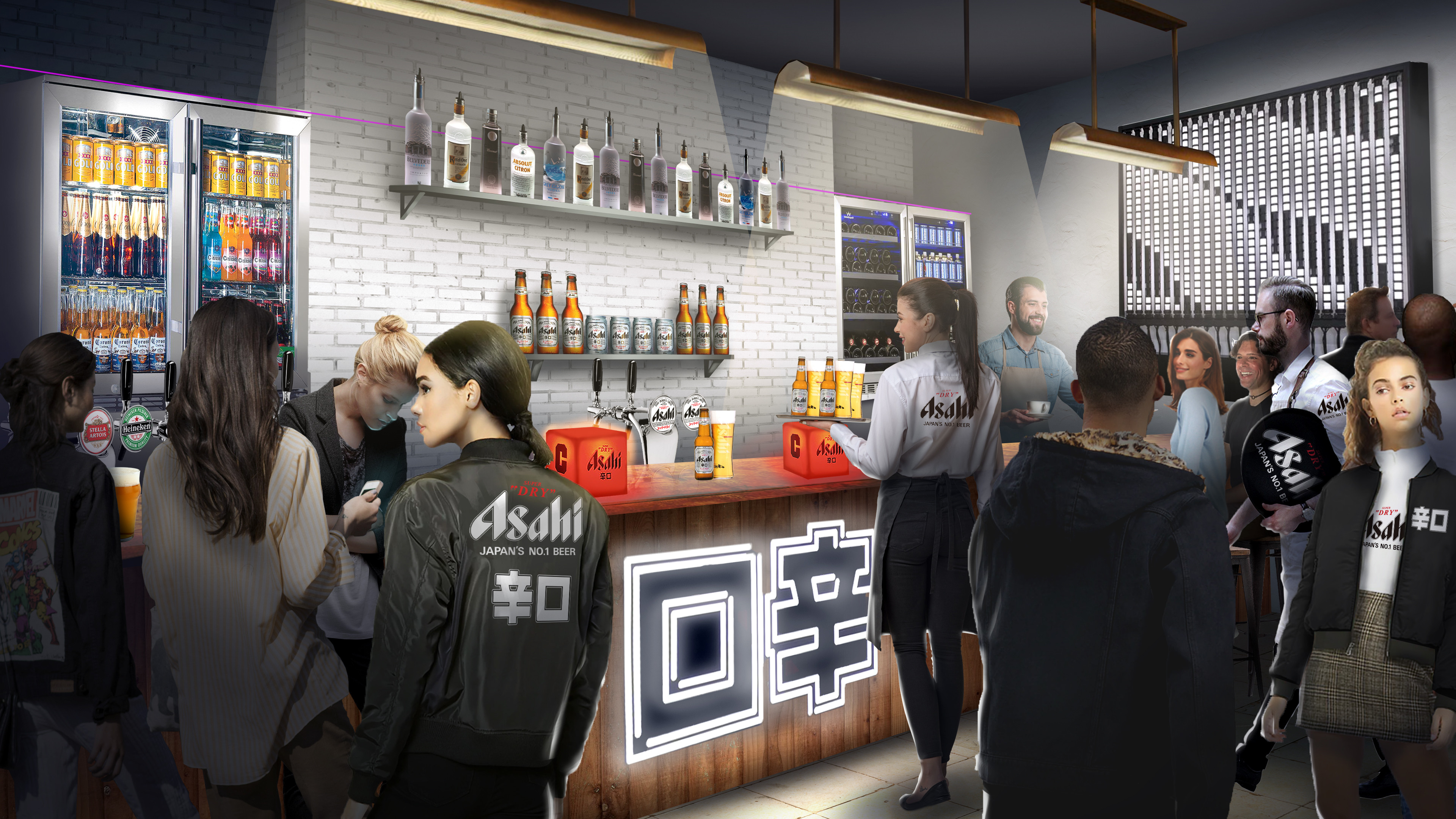 Asahi beer display in a 3rd party bar