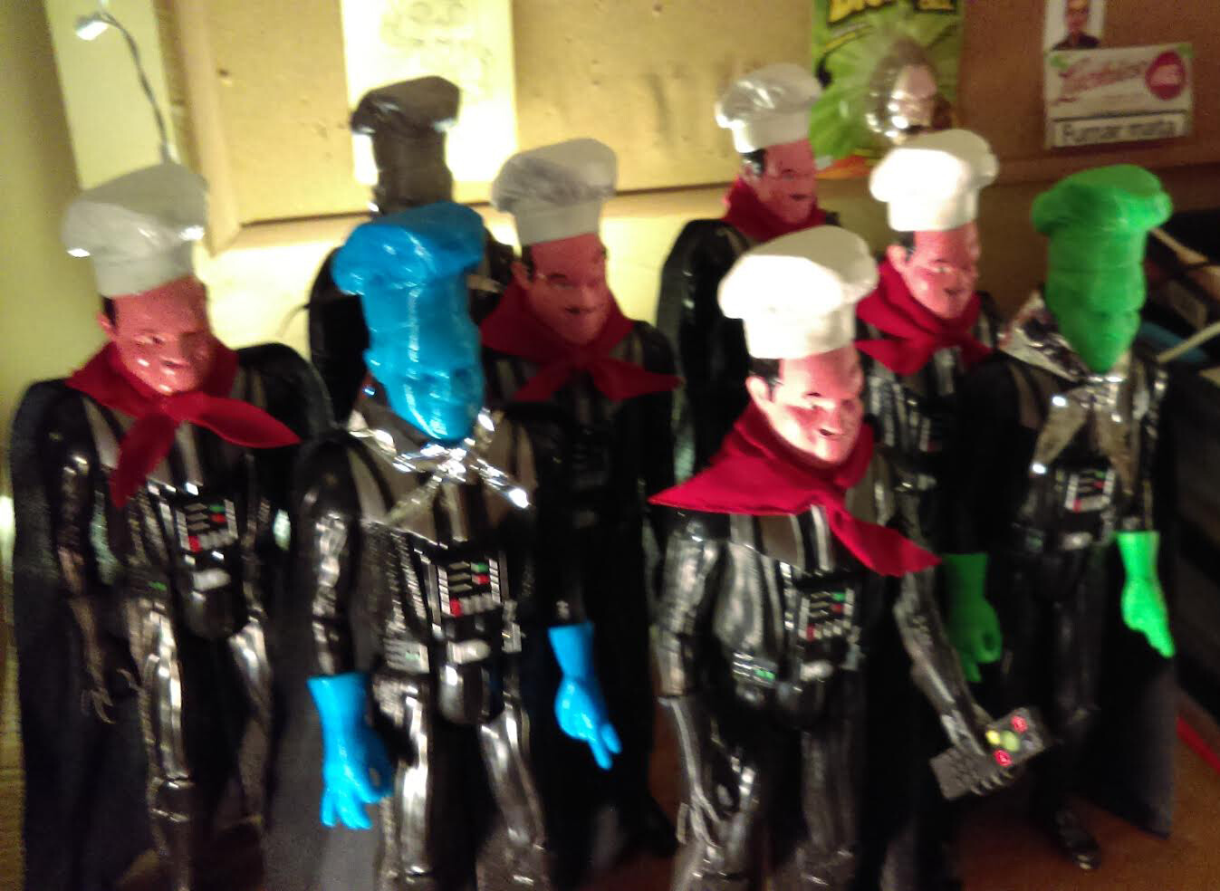 Chef Vader!  I've gotten a lot of gigs from these guys, so as a thank you I made 8 "Chef Vaders" by 3D printing new hands and heads for the Hasbro 12" Vader figure.  I painted 4 and the other 4 are a fake/knock off style.