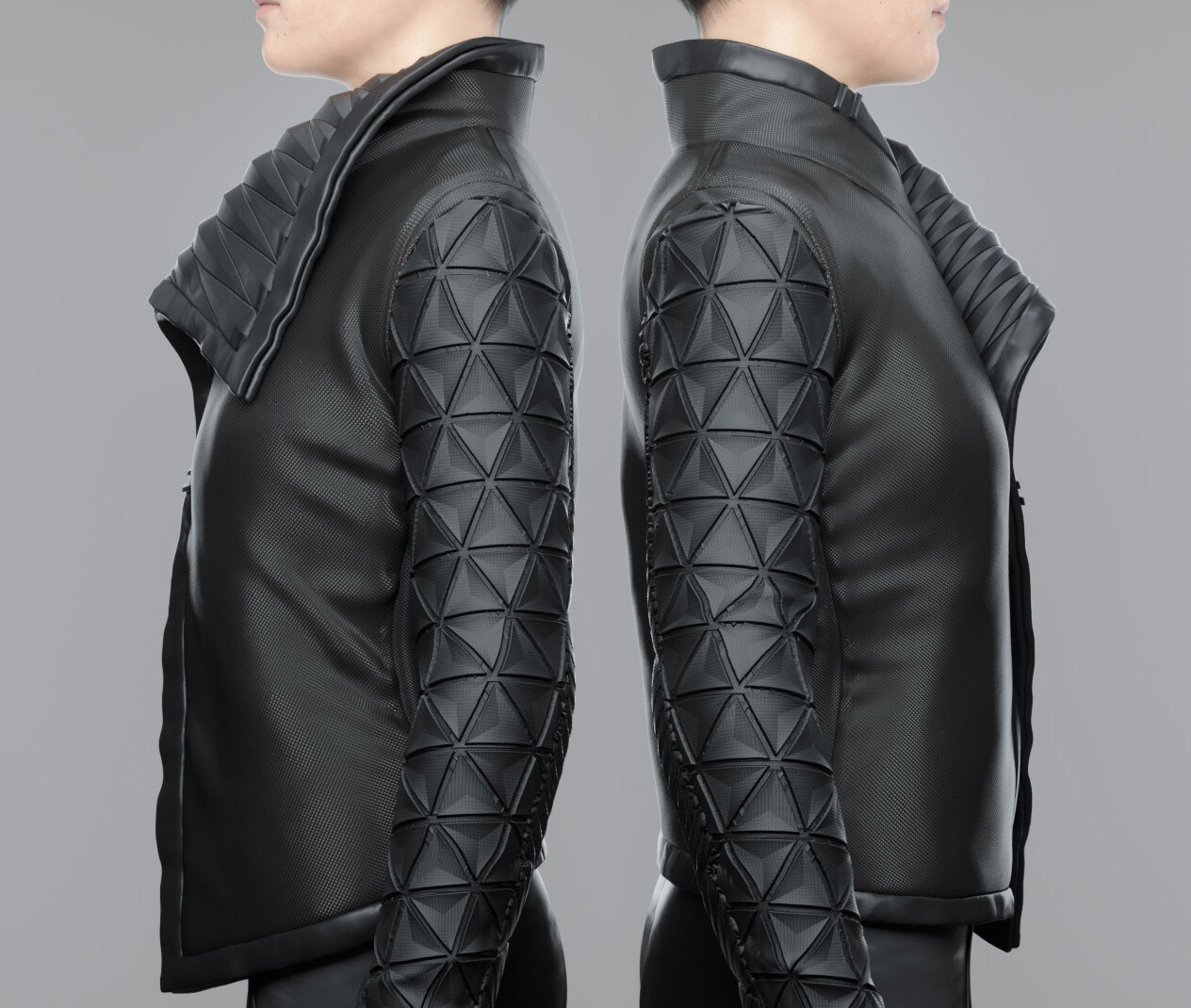 Cyberpunk Female Jacket. Back To Back. Geosphere pattern sleeves for that true Cyberpunk Aesthetic. 