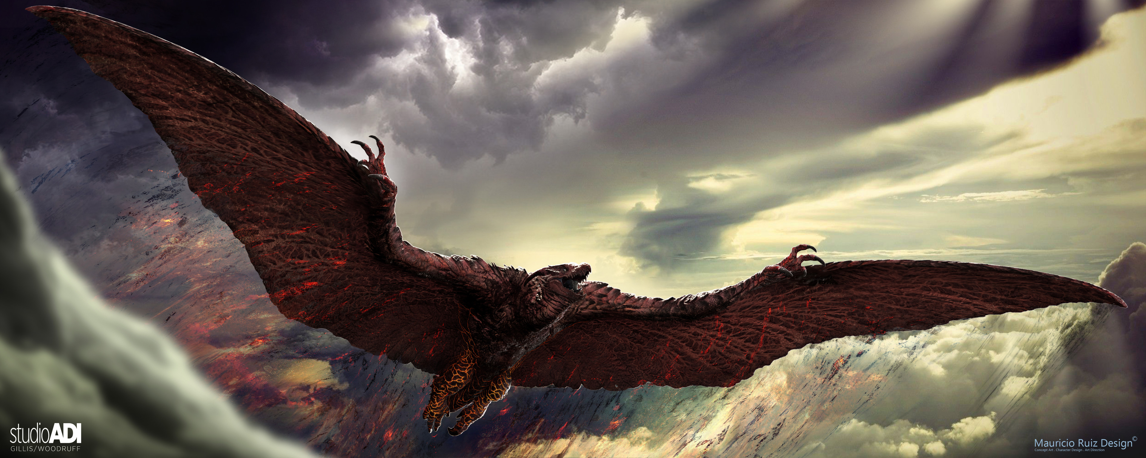 One of the final Rodan Concepts I created. I started with a 3D Render out of Keyshot, then painted the wing textures in Photoshop. This version had a more streamlined wing profile and explored the lava accumulated on the legs.