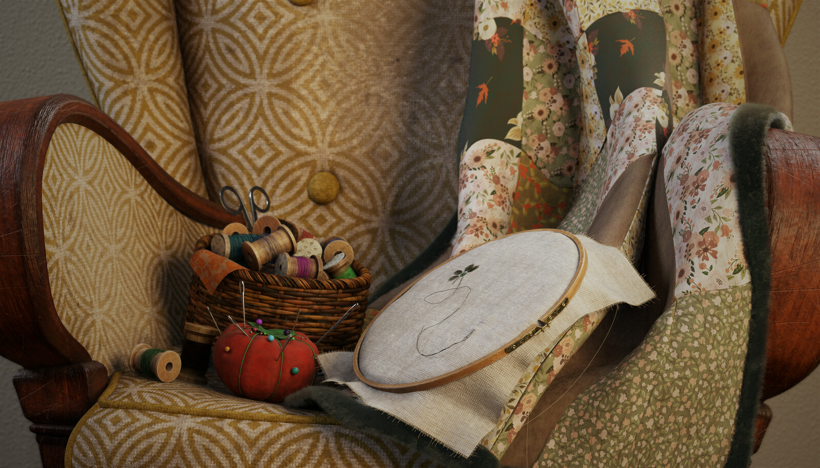 A detail show of the chair and sewing supplies.  The chair was done in substance, and everything else was textured with procedurals inside of RenderMan