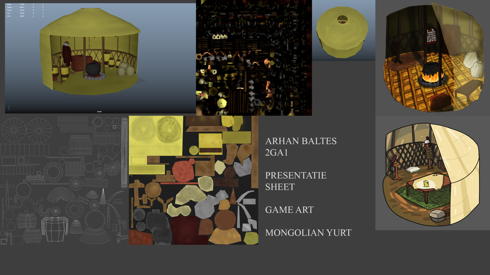 The presentation result to highlight all the final objects. This includes textures, the lightmap, the concept artworks and a picture of the model itself.