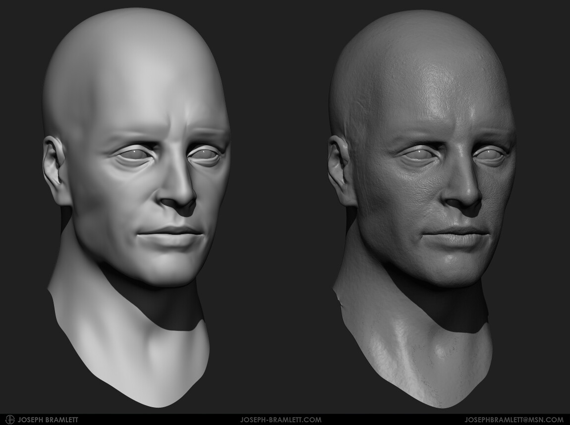 Left: Base highpoly sculpt. Right: TexturingXYZ displacement maps and clean up with Alpha Textures.