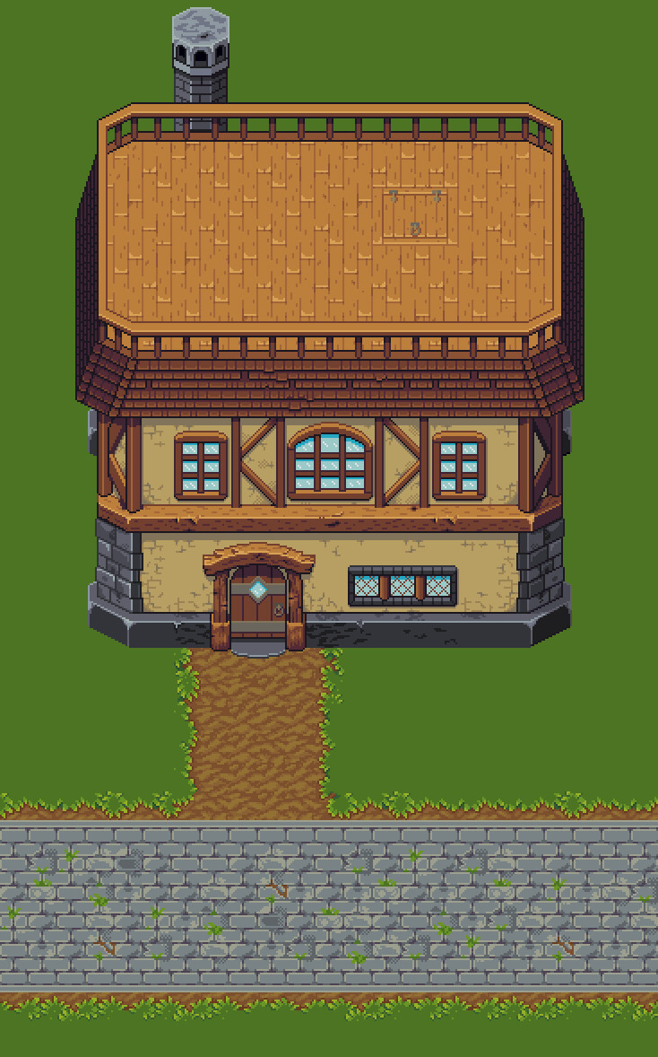 WIP 9 - House complete, early dirt texture, too noisy, grass before more variation detail