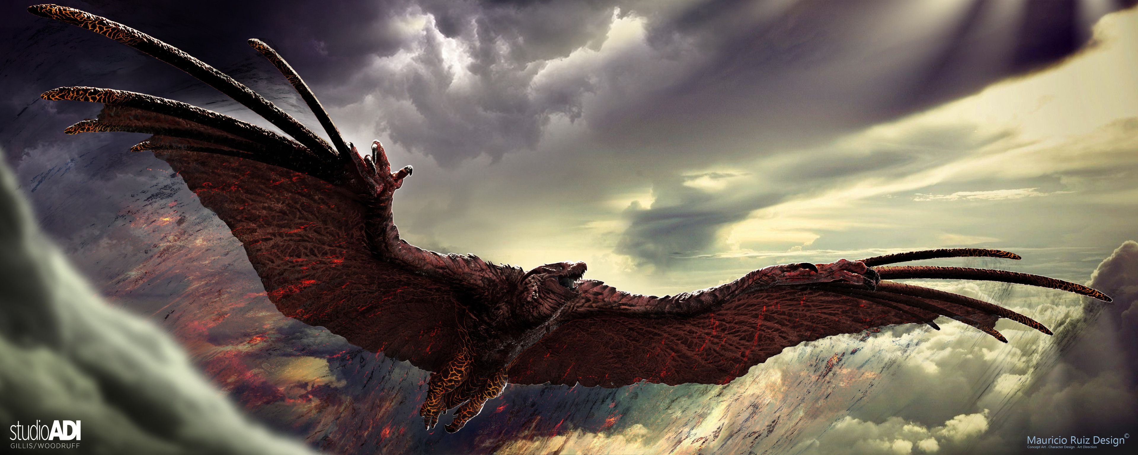 This was a version exploring large talons on the end of the wings without a fleshier / torn membrane  and burning Lava.