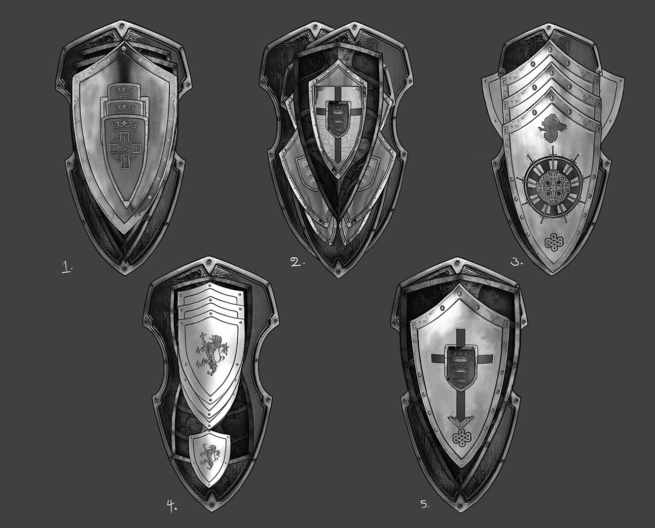 Shield concept variations photobashed and painted over to blend.