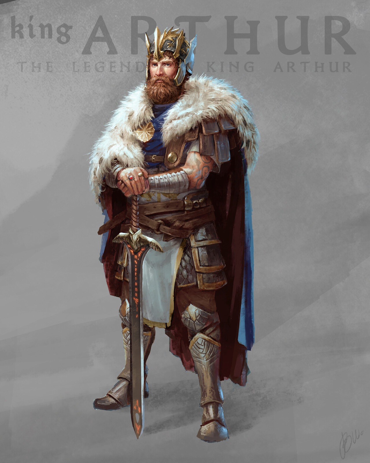 All grown up and with a couple of great fights under his belt, King Arthur now stands bold and wise.  Azure blue and gold are his traditional colors. Added white for purity, all colors are a bit linked to christian color meanings like the original story.