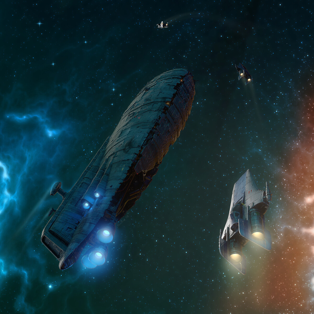 R-22 Spearheads escort a rebel transport through a nebula.