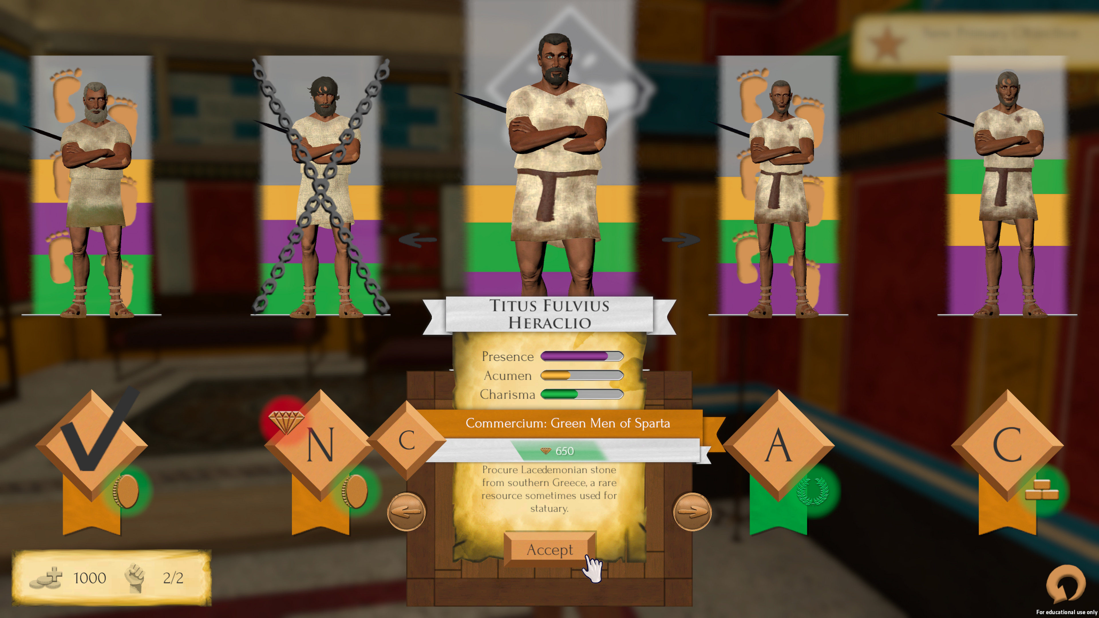 Throughout the game the player can gain clients, who they can send on missions for rewards and slaves, which bring in a passive income. This menu allows the player to manage them.