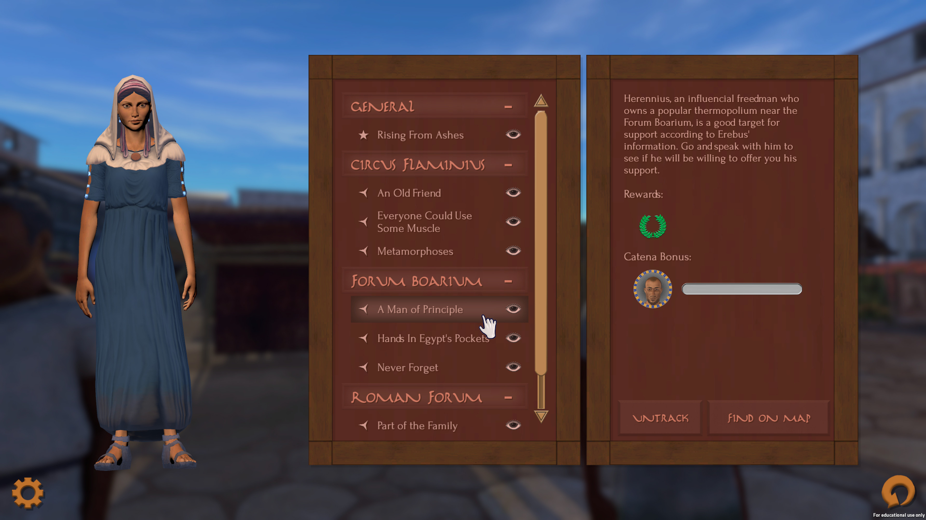 In the player's codex information about places, people, and events, they have encountered is collected, as well as current objectives. This is stylized as a wax tablet, common in the Roman empire as a portable and reusable writing surface.