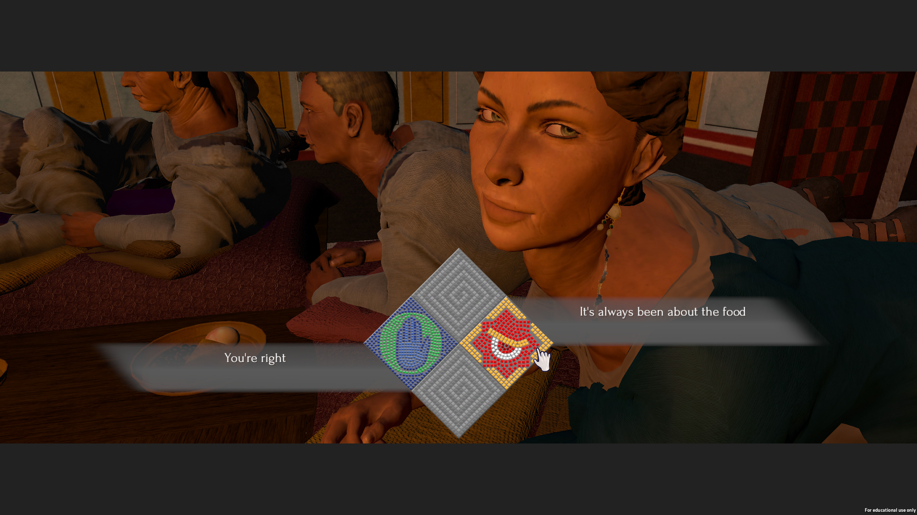 When players speak to characters they are presented different speech options with different emotional impacts. As pictured, these are coded with representative icons done in a mosaic style. 