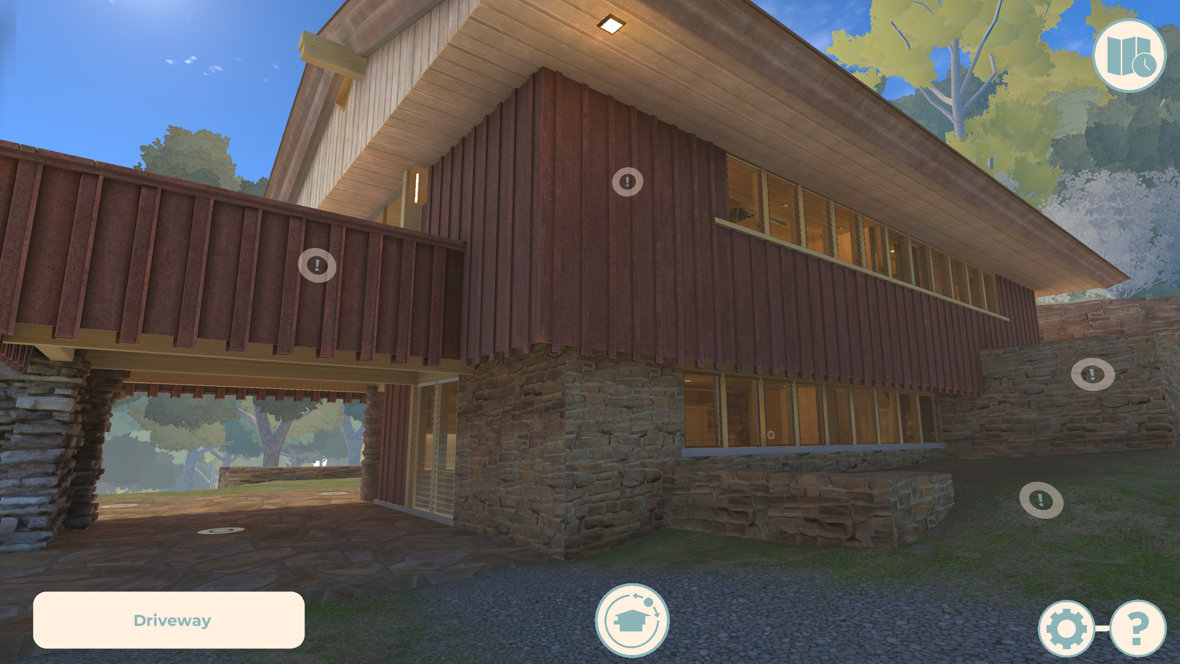 Once on the ground in first-person mode, the player is presented with two major forms of interaction; discovering documents and information about the house by clicking on information nodes, and walking through the house via on-rails walking nodes.