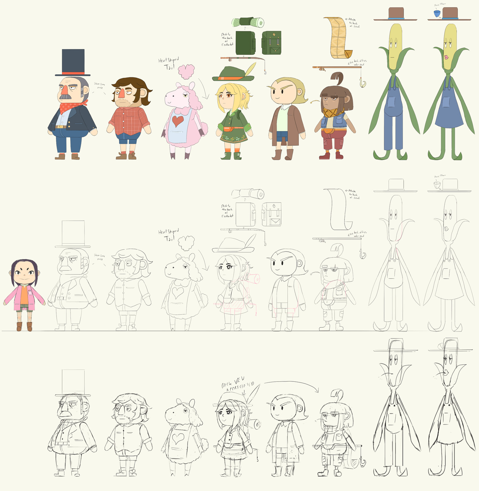 Farm Planet NPCs
After 3D modeler (Ann Helen Lorensten) familiarized self with Iyo's proportions, a 3/4 view was all that was needed to get the characters done in 3D.
