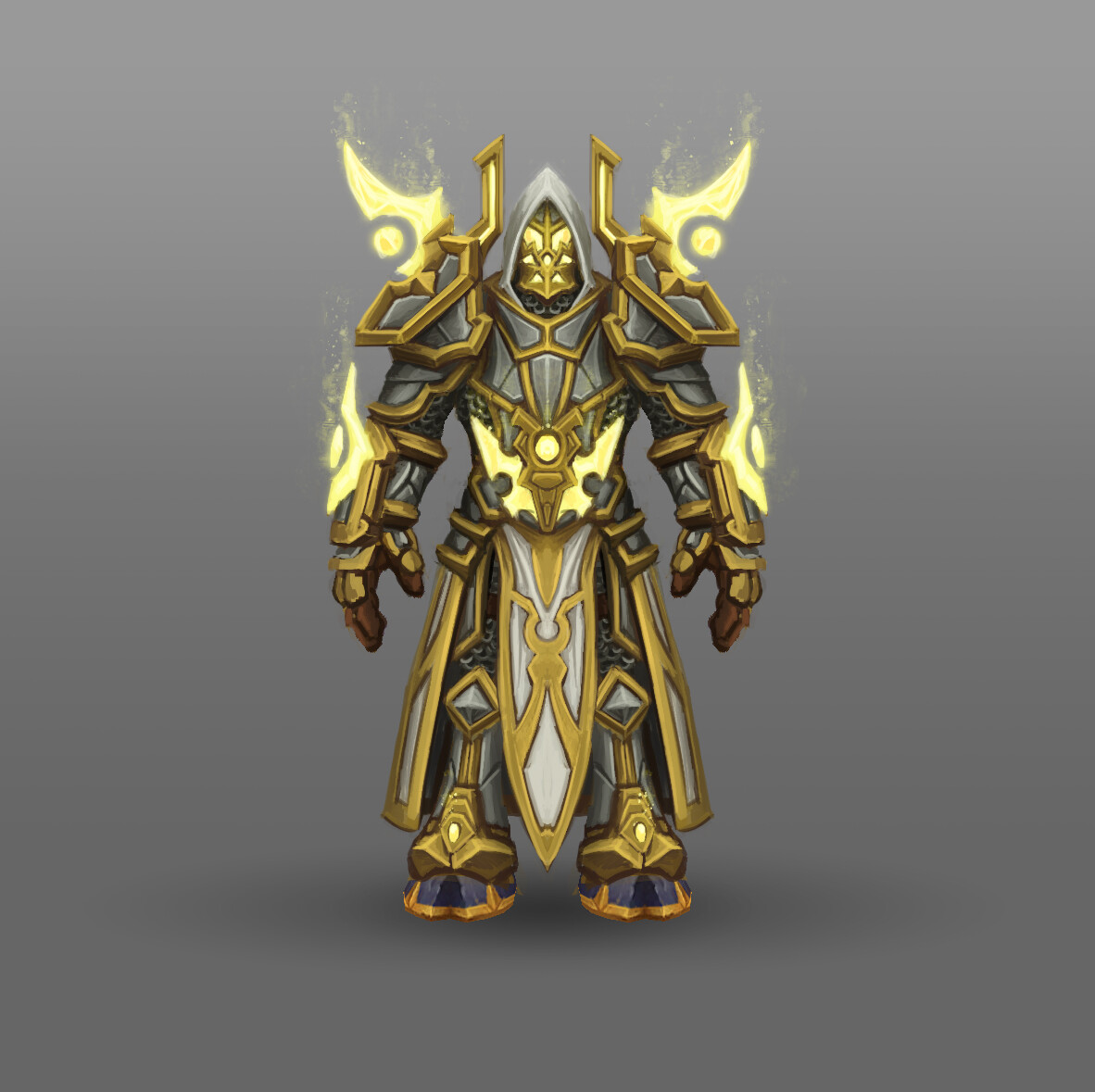 Paladin
For the Lightforged Paladin I wanted to make a set inspired by the WoW Judgement set, but mixed with Draenei/Naruu design elements.