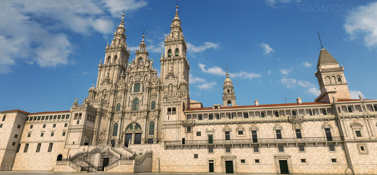 3D illustration. Exterior. Obradoiro facade of  the cathedral of Santiago de Compostela.