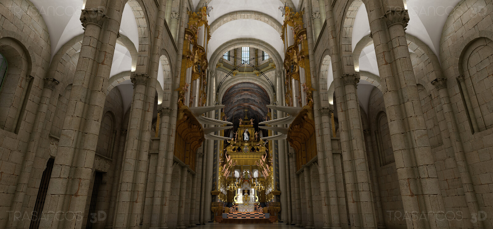 3D illustration. Interior. Main nave of the cathedral towards the main altar.