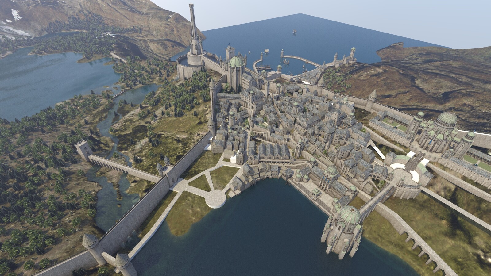 General view of the (unfinished) city with the port in the background.