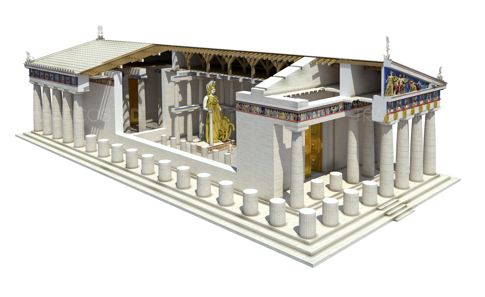 Cut away showing the interior of the Parthenon with the gold and ivory statue of Athena.