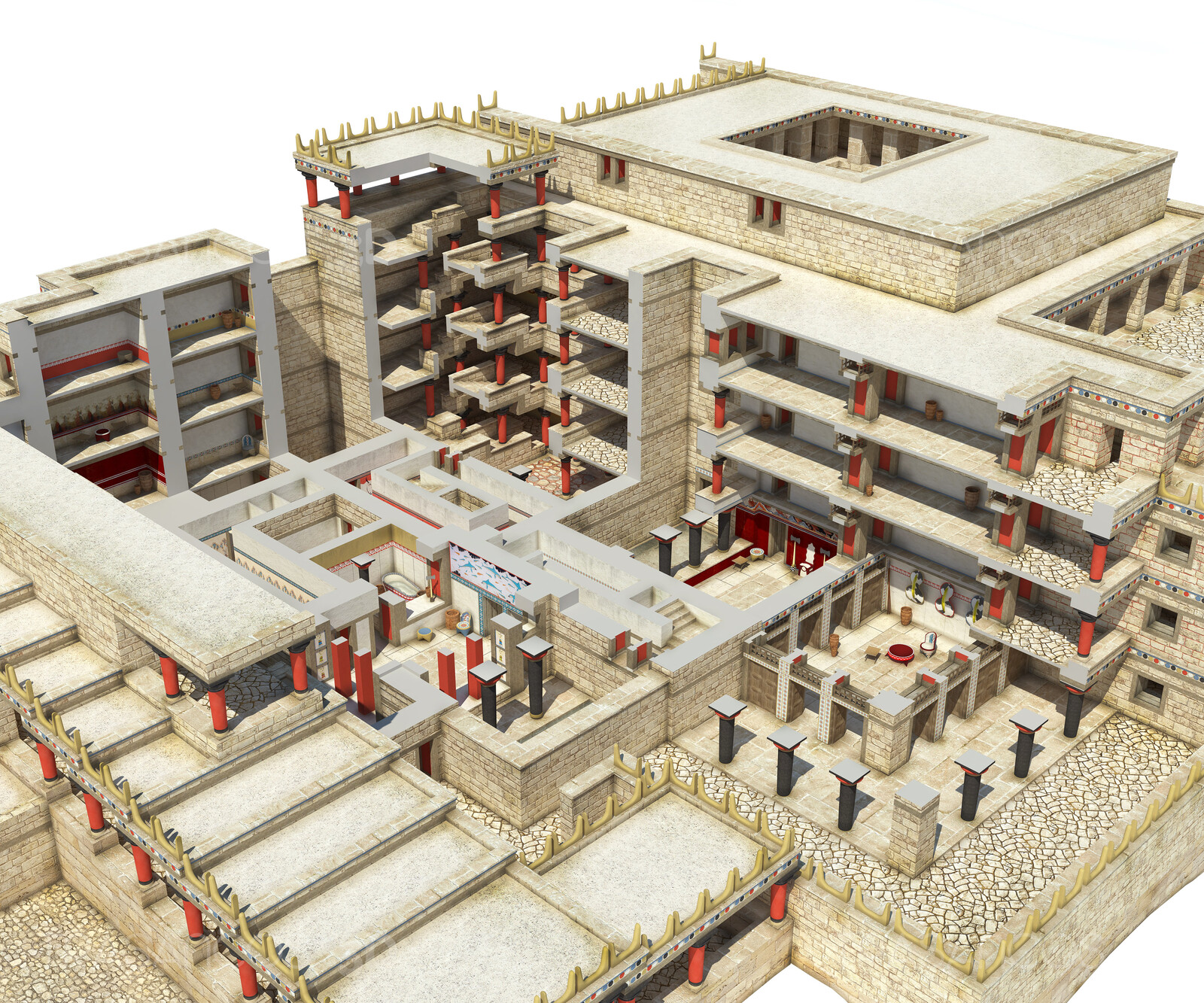 Cut away showing the interior of the royal residential area and the Big Staircase in the Palace of Cnossos.
Modeled in collaboration with:
- Alejandro Soriano