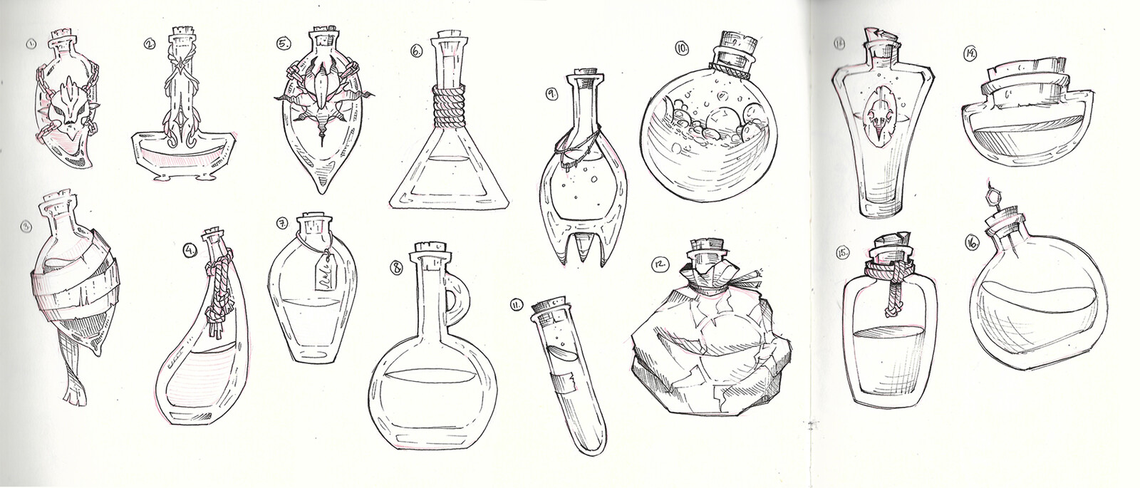 Sketches with pen on paper, trying to come up with fun shapes and decorations for the potion bottles.