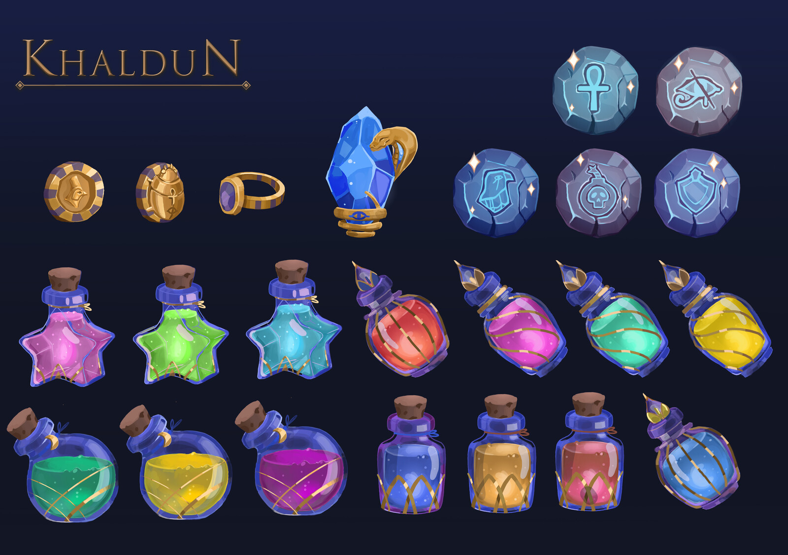 Skills, potions and currency designs