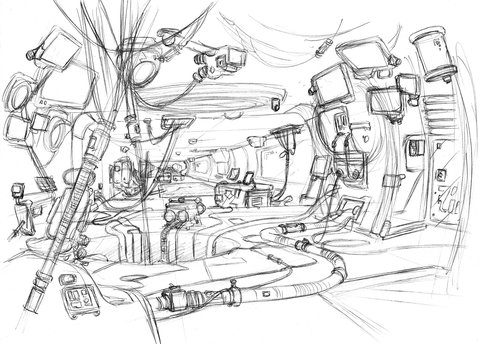 An early pencil sketch for the rear interior of the ship...