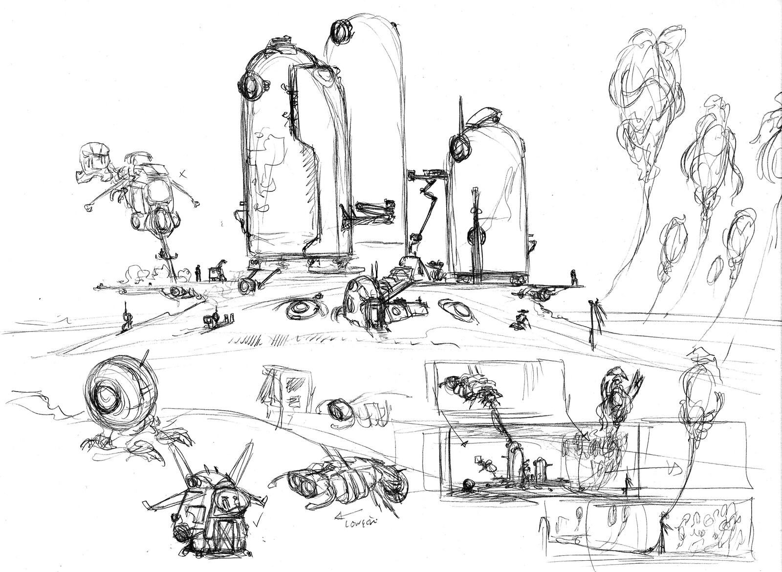 A very early pencil concept looking at the facility planetside and some "storyboarding" of a shot exploring this scene.