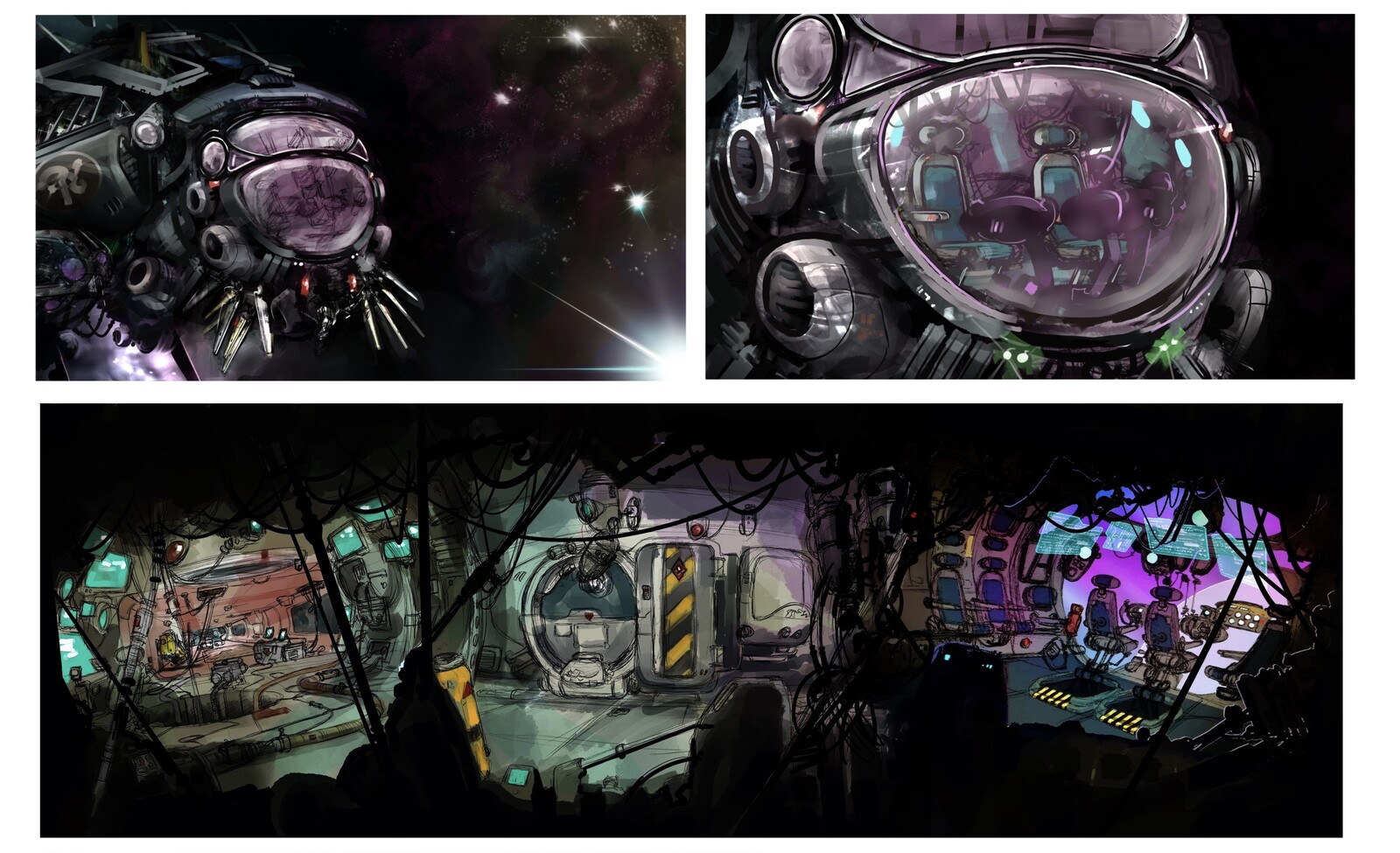 Closer shots and interiors of the main ship, developed as sketches for testing shots then later painted over to become the final background art in the finished scenes.
