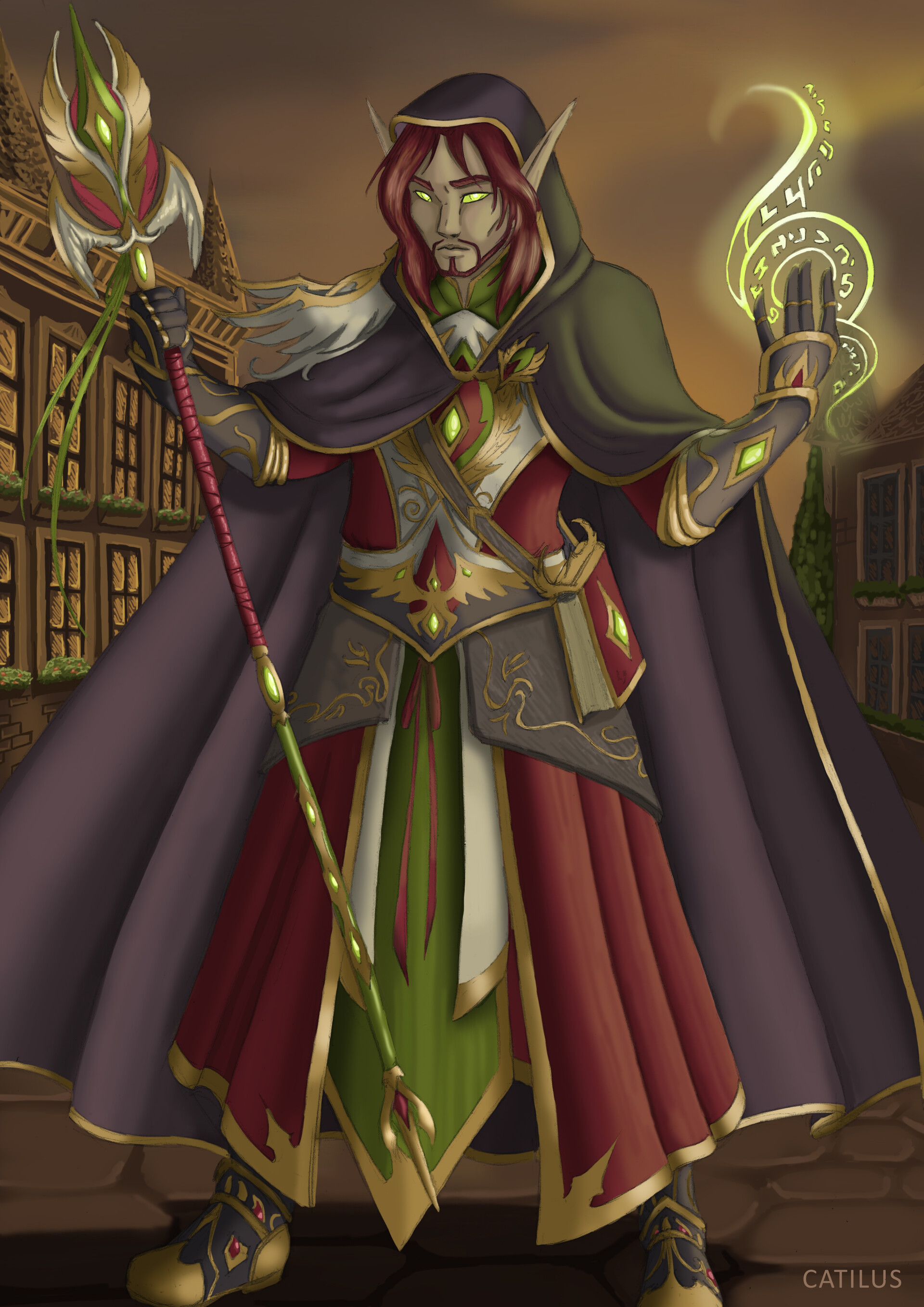 jojo reference art of a young elf wizard in a magical forest