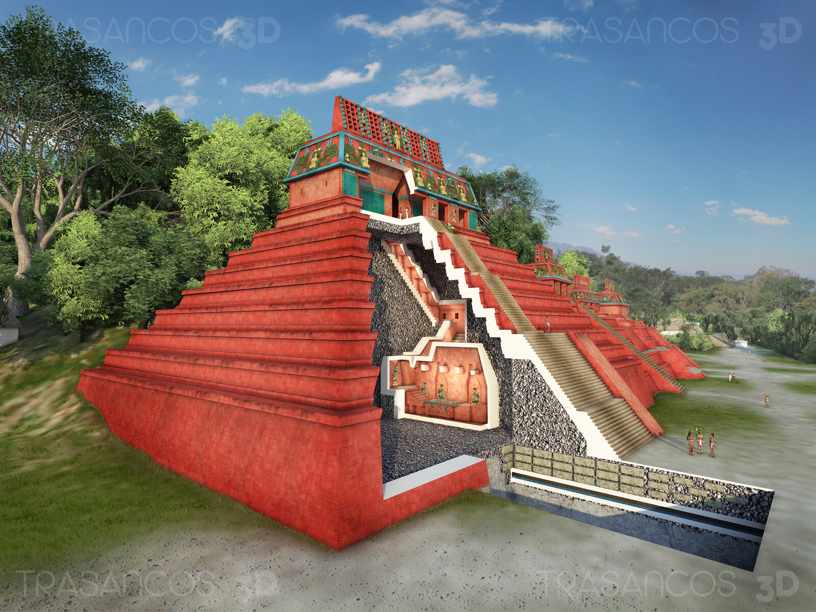 Cut away of the Temple of Inscriptions, showing the tomb of the king Pacal the Great and the underground water chanel.
Modeled in collaboration with:
- Carlos Paz