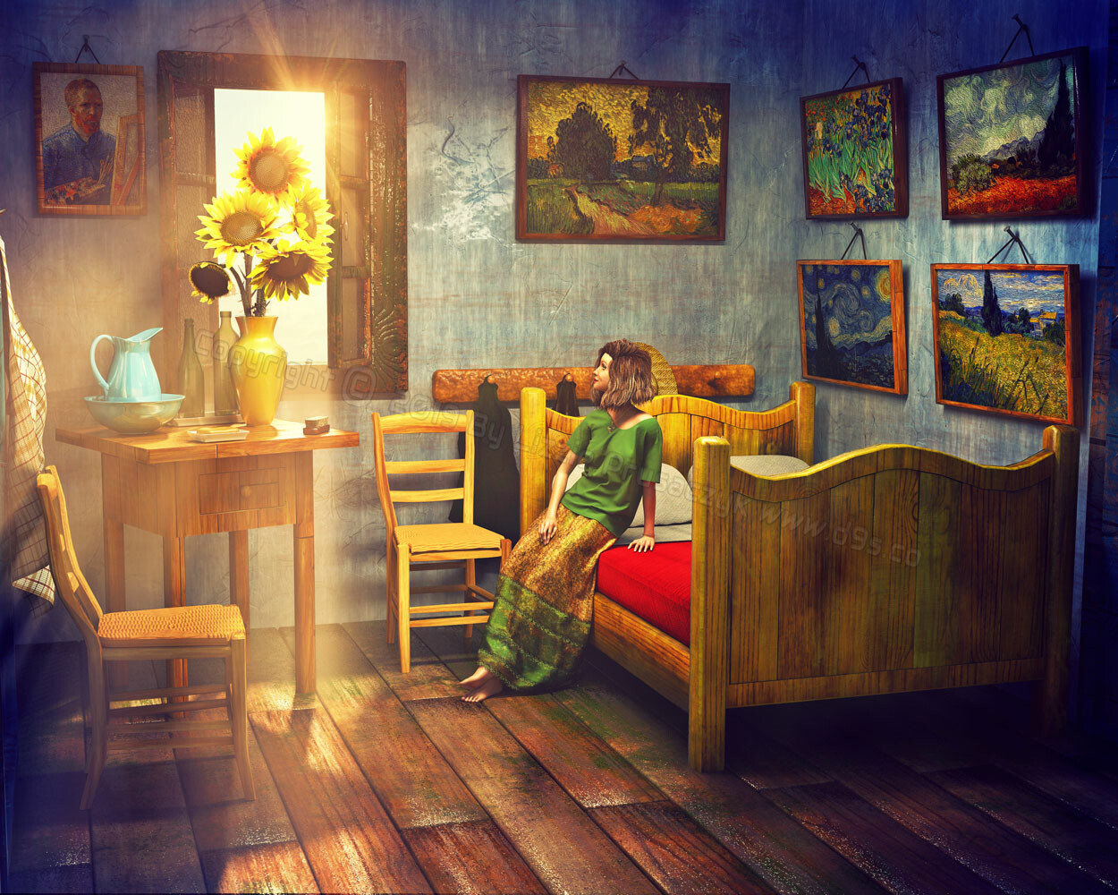 The sunlight filters through the window of Vincent’s bedroom as the girl admires his lovely vase of sunflowers.