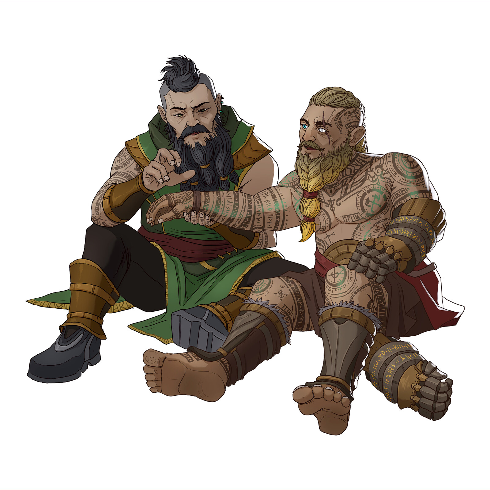 Volund, Dwarf Zealot Barbarian of Clanggaddin. And his lover, Aska, a Dwarf Cleric of Knowledge, follower of Dumathoin, and a Runesmith