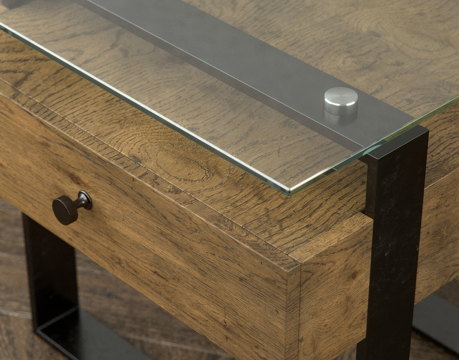 Perspective rendering of the Volito End Table showcasing the aluminium spacers under the top, wrap-around legs, and chamfered-edge glass.