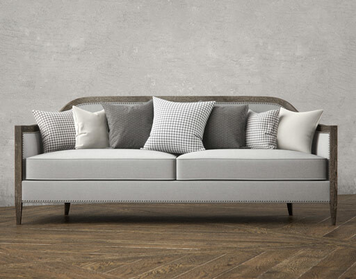 Front perspective rendering of the Mollis sofa with custom accent pillows