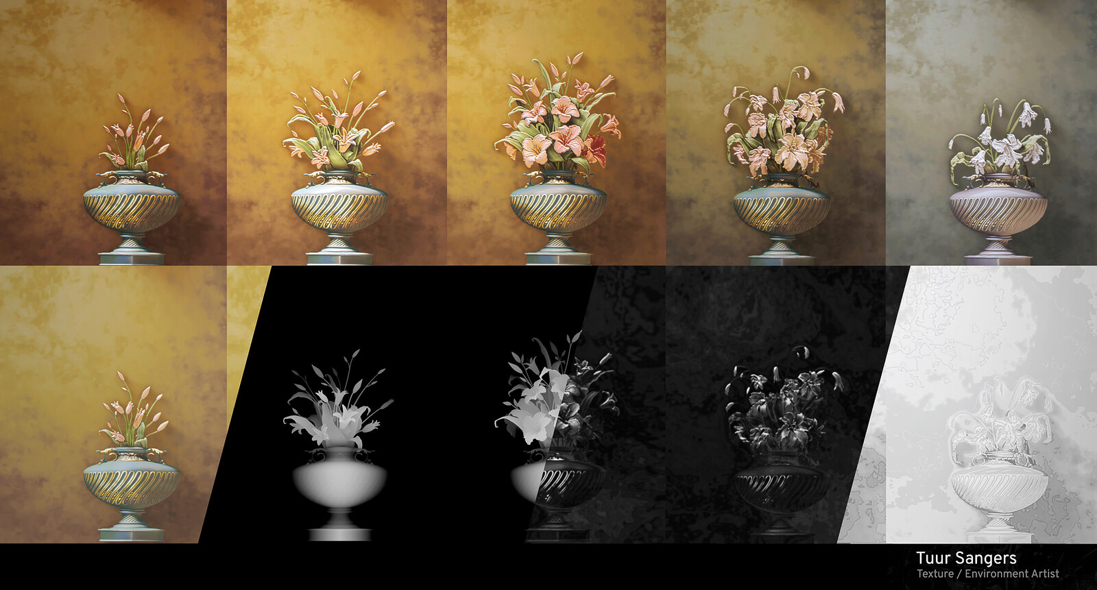 Ceiling Paintings - Basecolor | Height-input (procedural ornaments &amp; highpoly flowers) | Height-output| Roughness