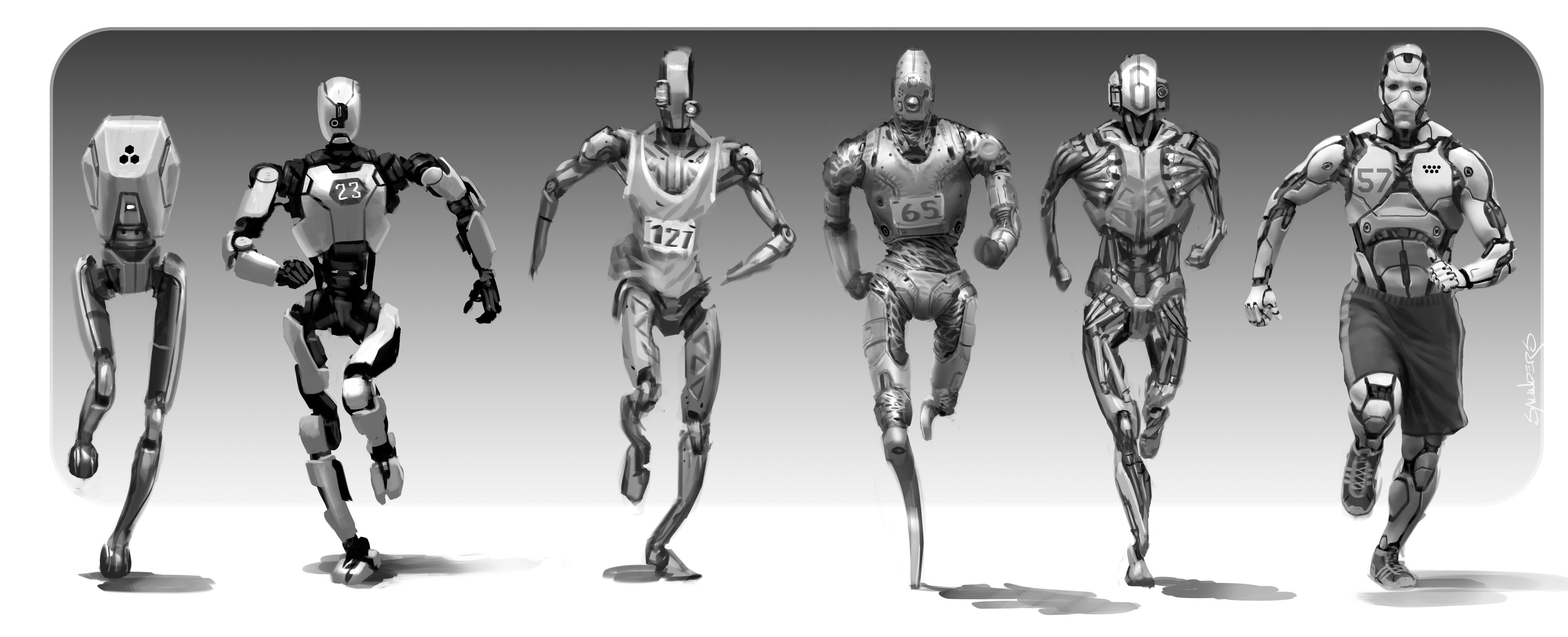 An early layout to show a range of anthropomorphizing of a runner robot. 