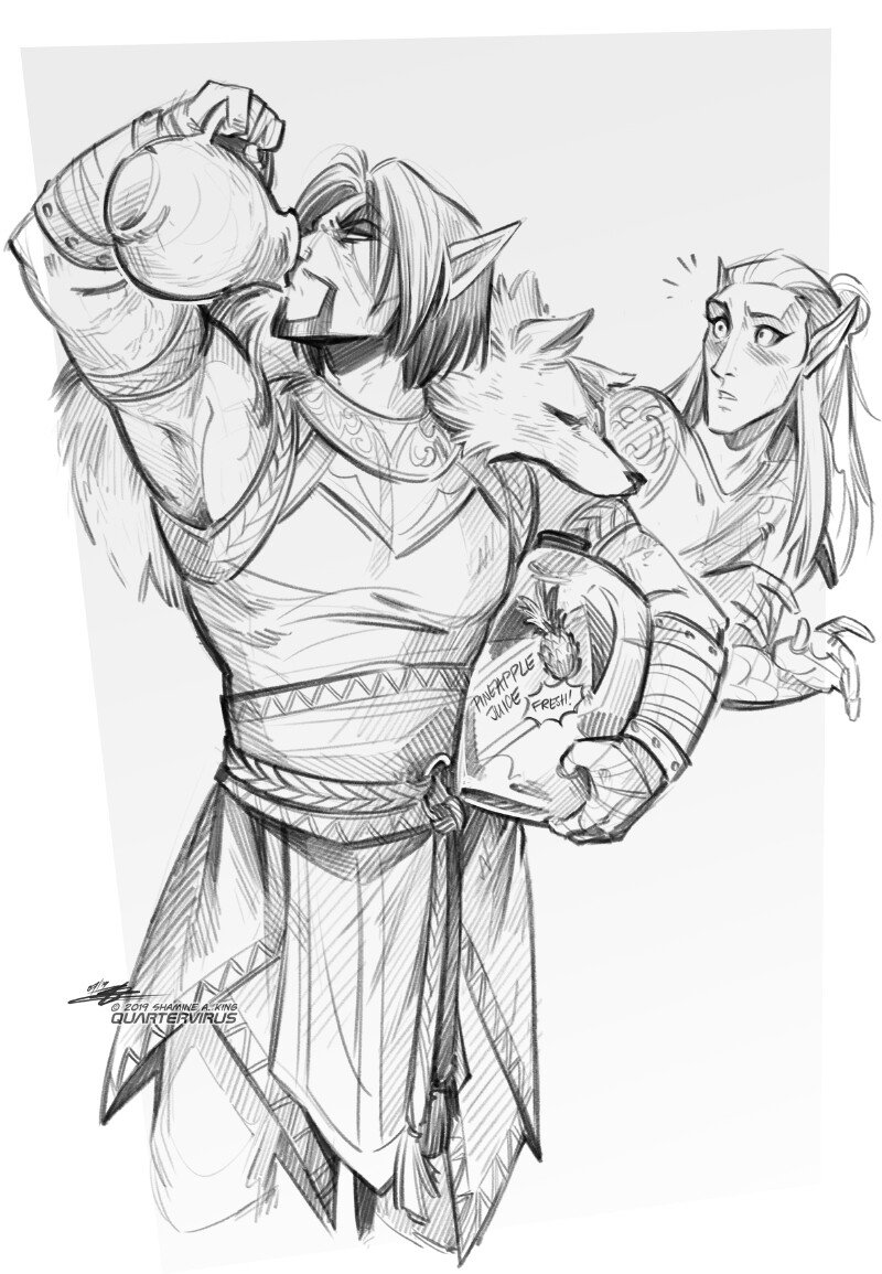 Mel is absolutely the kind of asshole who would drink from the carton, though the Elder Scrolls being a fantasy world he has to settle for a clay jug instead. Never mind the fact I clearly drew a modern juice gallon.