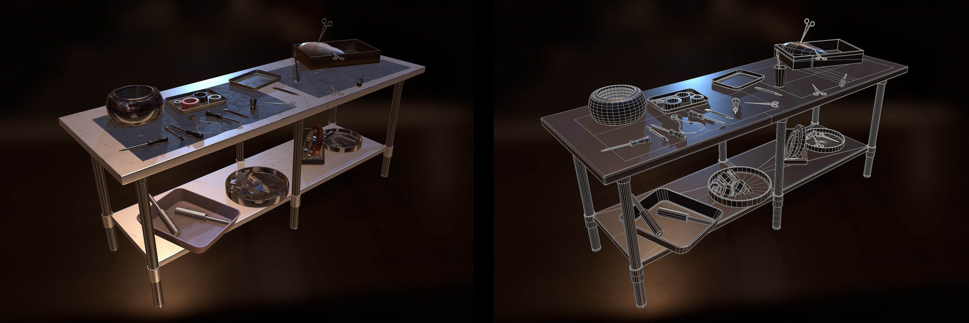Work Table | Closeup render and wire frame