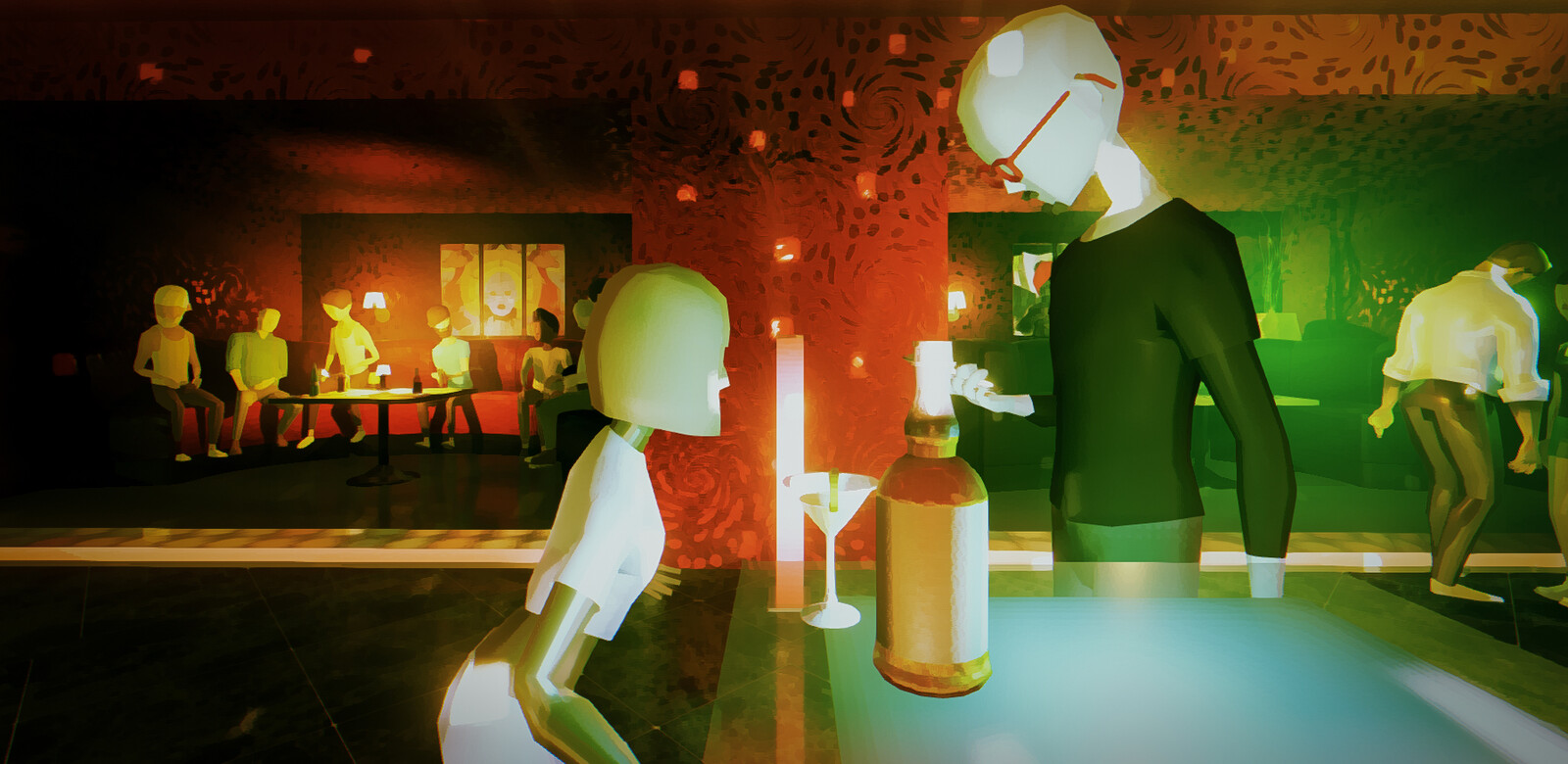 There are joyful dancing, flirting, arguing, lonely people and we should feel alone among them while wandering around. Audience of this video should walk like almost a ghost. some will see us while some not even notice.