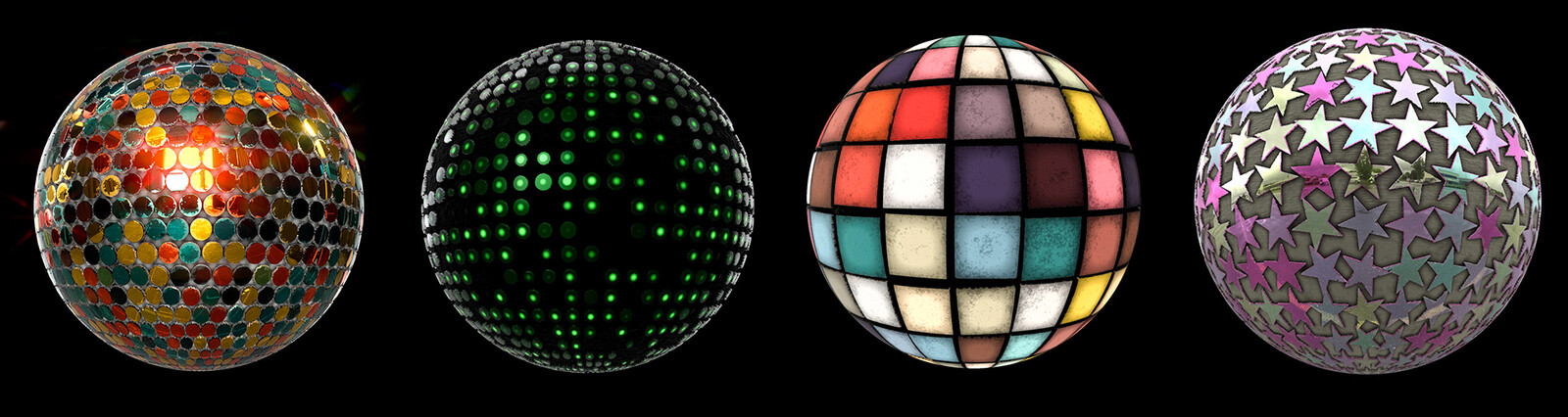 Disco balls, dance floor and led screens are created with this material!