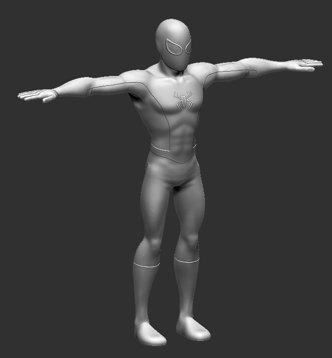 Final Sculpt front. I considered sculpting the webbing on the costume with curve brushes or by duplicating, shrinking and sculpting them on through the skin, but painting them on seemed much easier.