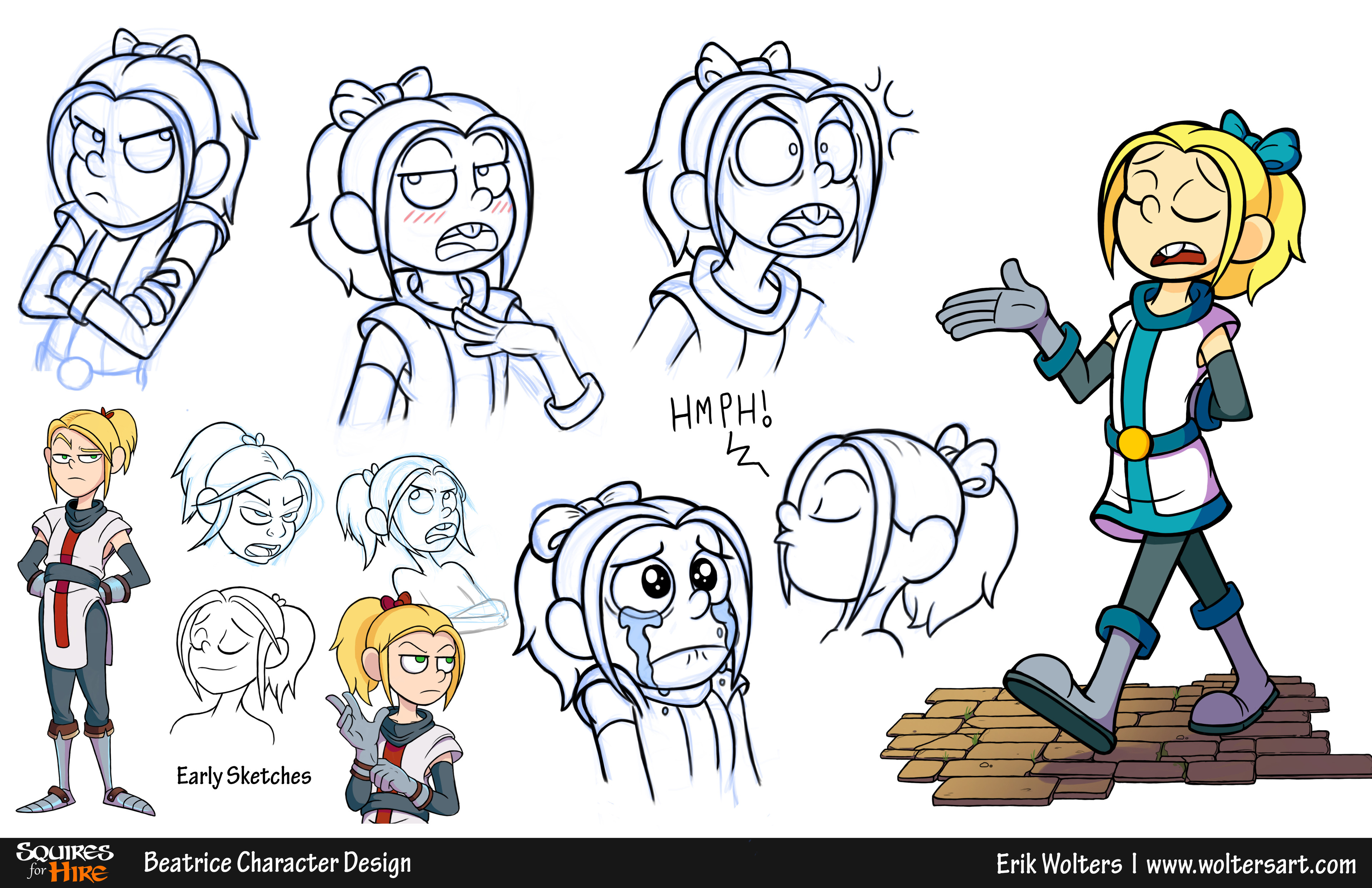 Character Page for Beatrice from my Webcomic Squires for Hire. A young noble girl from a family of famous knights. Bossy, clueless, but ultimately good-hearted, she dreams of upholding her family's legacy.