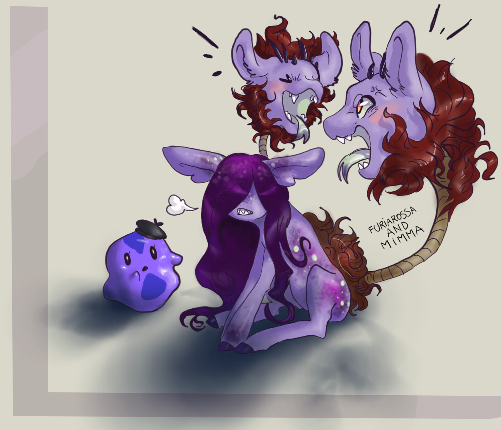 Artfight revenge again, vs  Aria-Suna-Kunoichi XD
A digital illustration of Karmin the ditto featuring also a character from another artist, xFroggiii, a weird pony, Ban Sheea, Pain and Panic.
