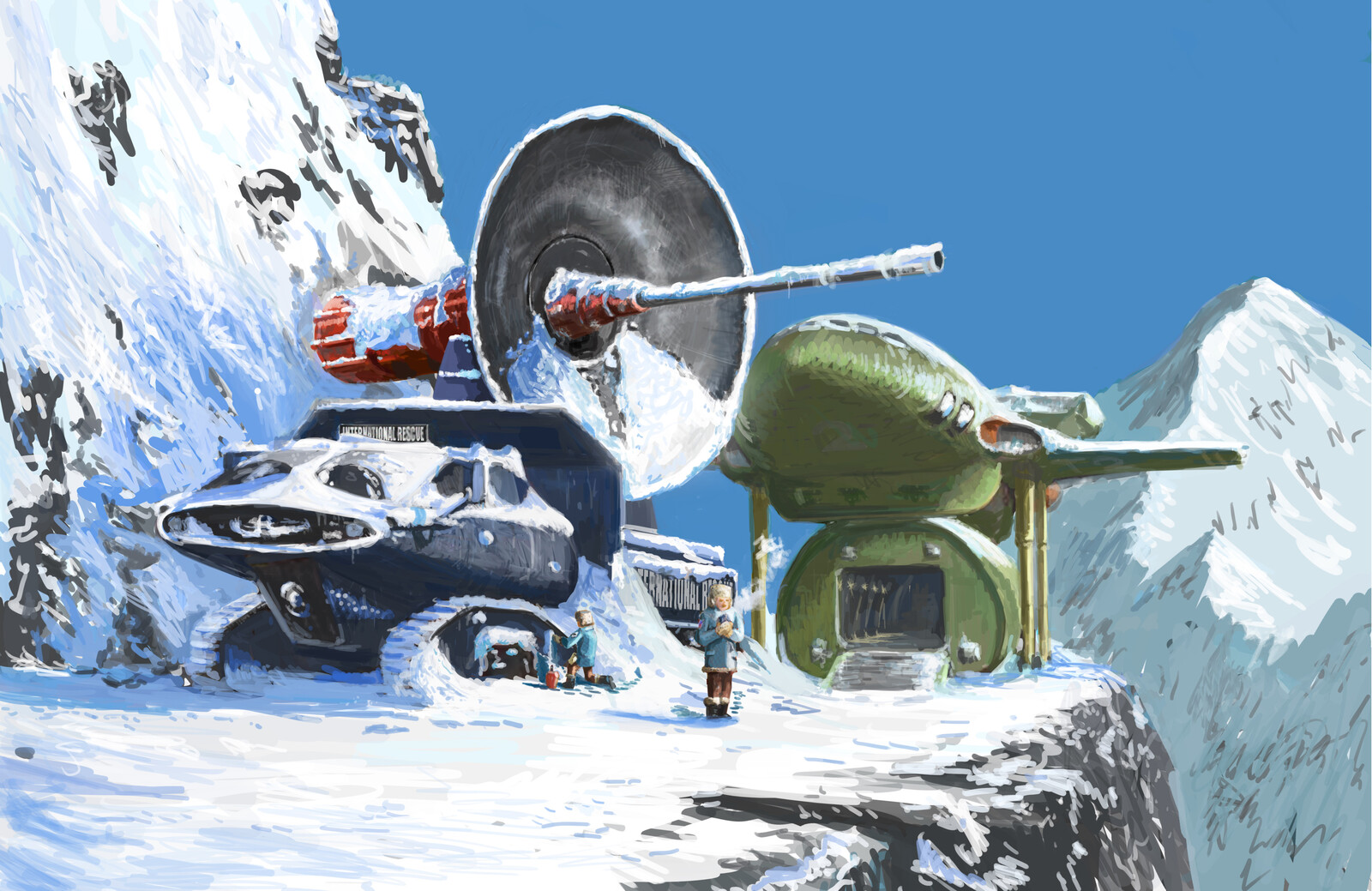 THE NEXT MORNING
After the successful rescue of the Sun-Probe rocket amid a fierce blizzard the night before, Brains and Virgil dig out the Transmitter Truck from the snowdrift and prepare for the trip home.  