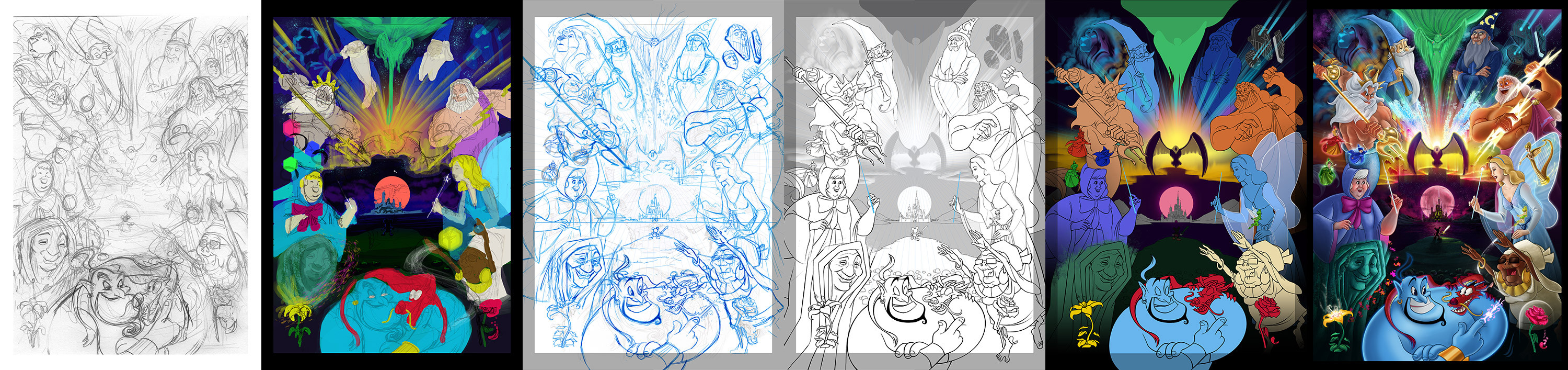 Process from rough sketch to color block to inking.