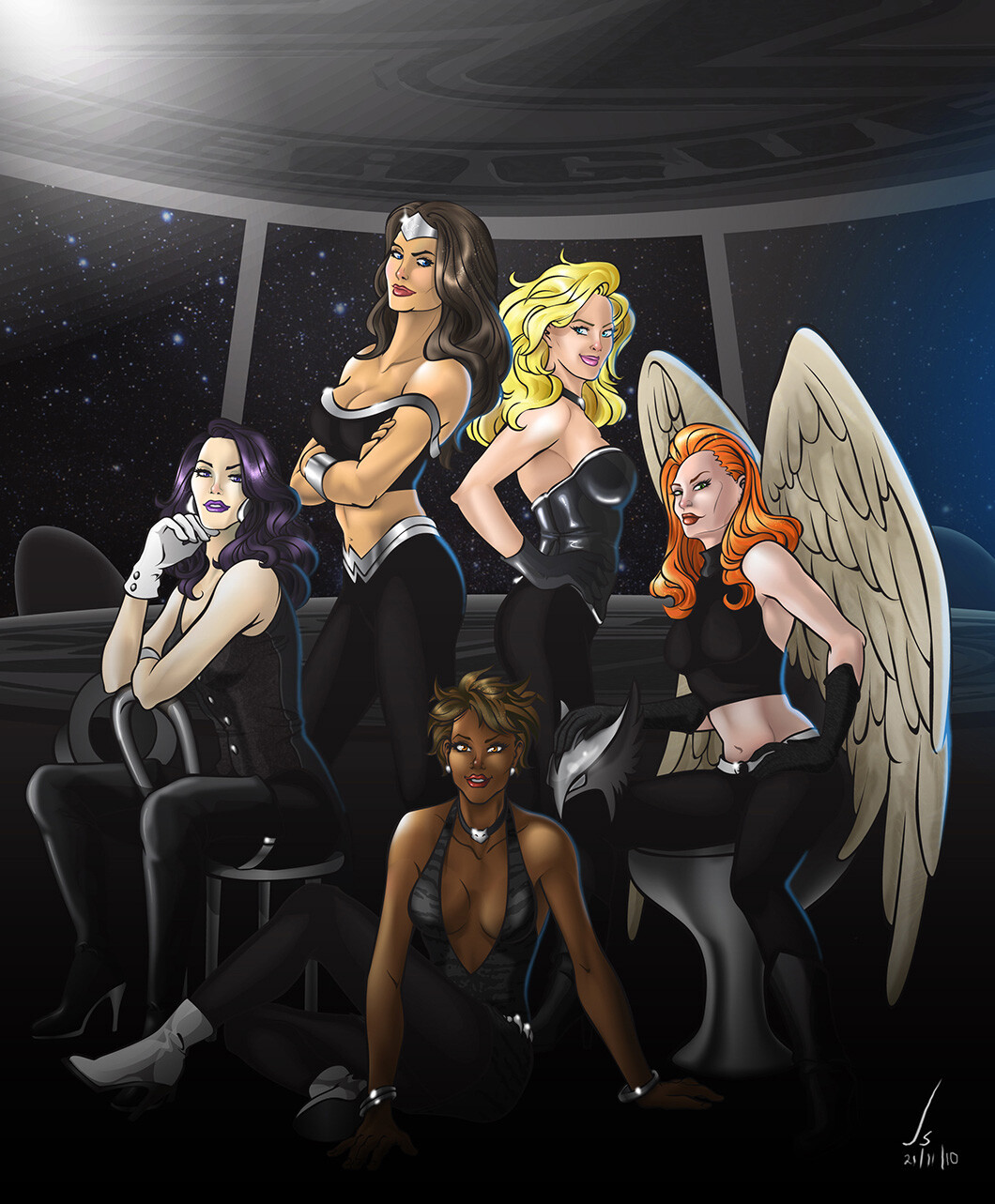 Wonder Woman, Black Canary, Zatanna, Hawkgirl and Vixen in formal attire.
