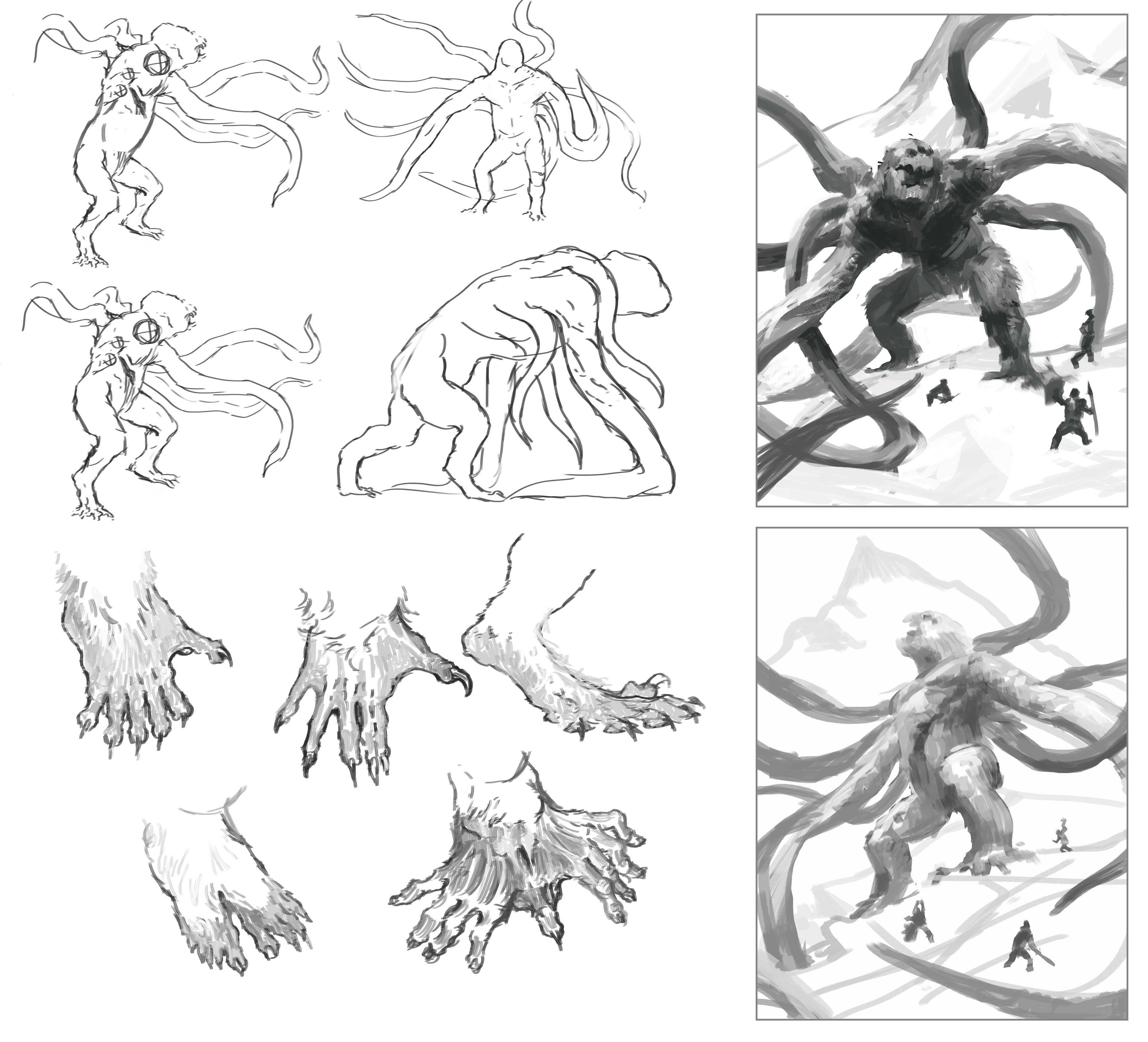 Early development sketches of the body, composition, and feet